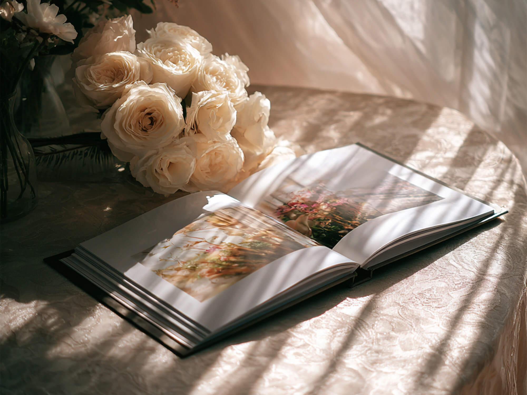 Edles Hochzeitsfotoalbum mit offenem Layflat-Design, sanft beleuchtet, arrangiert mit weißen Rosen auf hellem Stoff